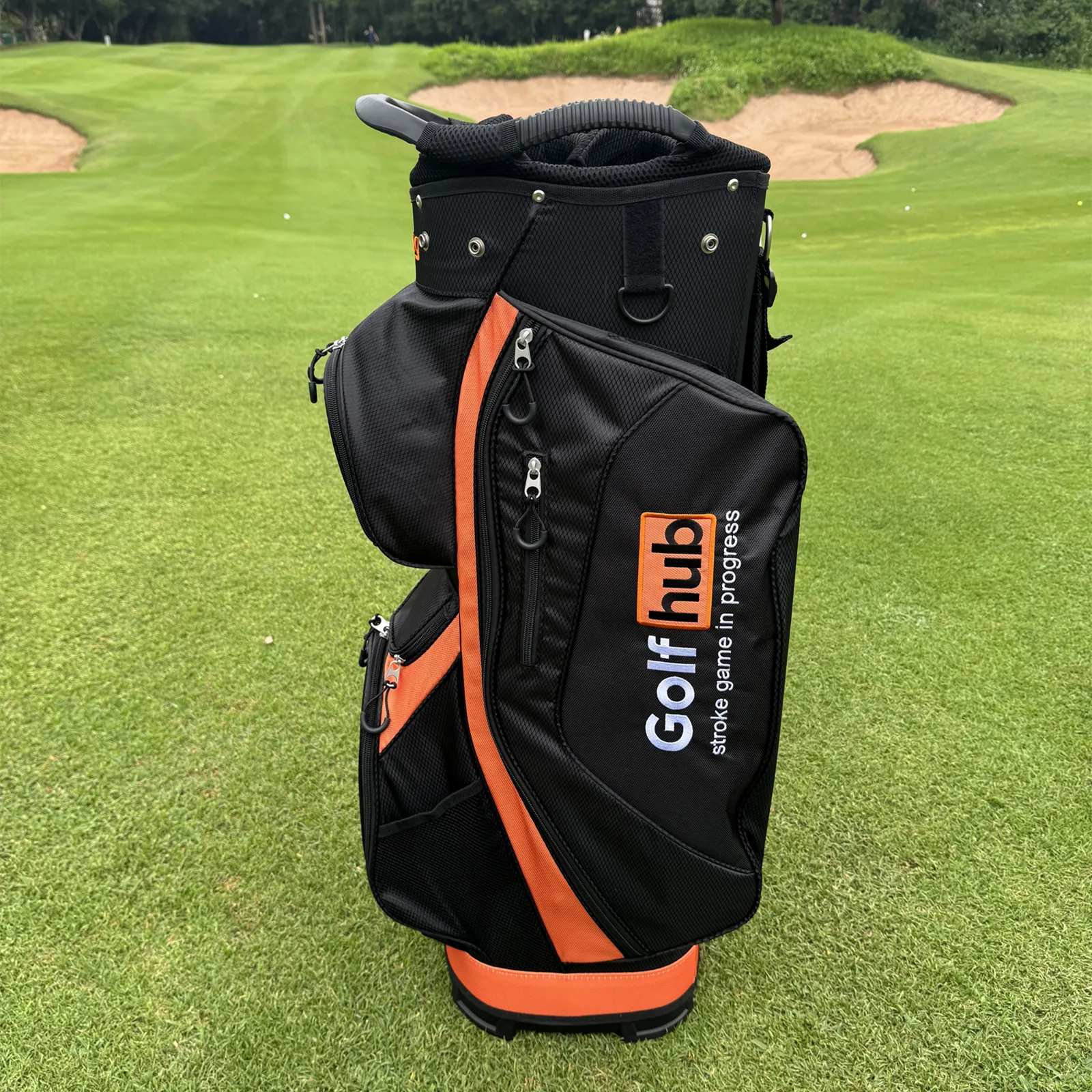Premium Lightweight Calong Golf Hub 14-Way Golf Cart Bag With Full-Length Divider & 9 Zipper Pockets, Polyester Blend, Includes Hat Cover -Black/Orange - Image 4